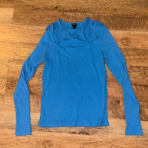River Island Blue Long Sleeve Ribbed Cut Out Top A13 - Picture 1 of 4